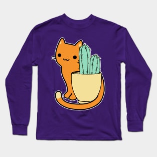 Blue cactus and orange cartoon cat Long Sleeve T-Shirt